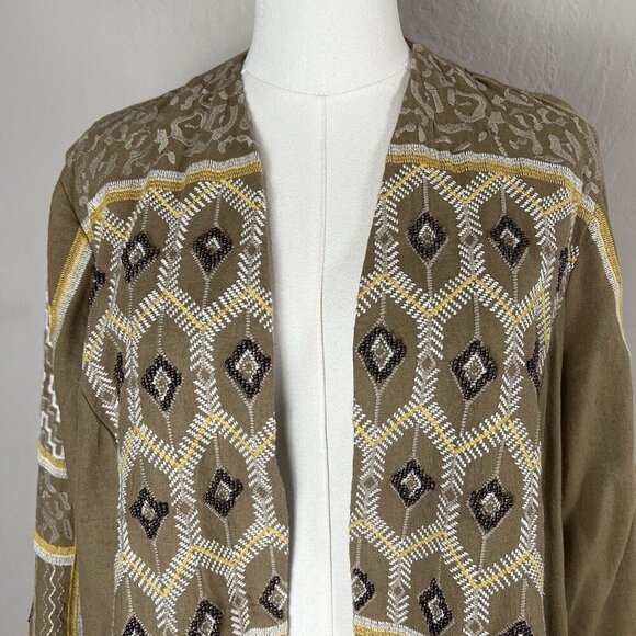 Chico's Linen Blend Jacket Beaded Embroidered Lined Boho 3/4 Sleeve Tan‎ Size 2 - Picture 2 of 12